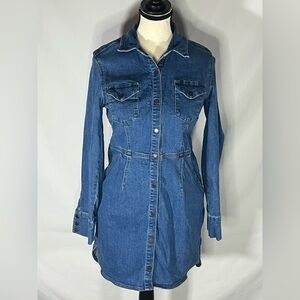 Free People Long Sleeve Snap Front Blue Stretch Mini Denim Dress Tunic Medium